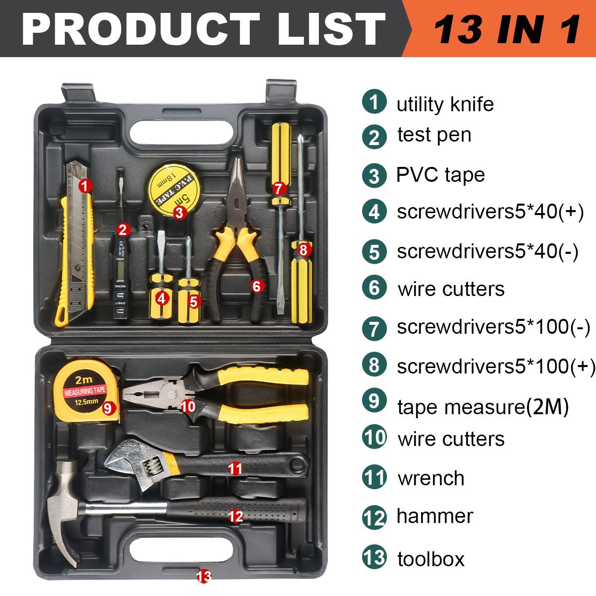 13 PCS Tools Set General House Hold Hand Tool Kit with Plastic Toolbox Storage Case Used to Car repair And home Repair