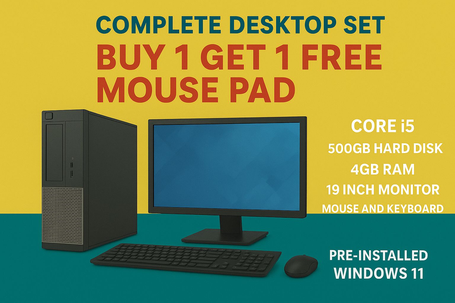 Complete Computer Set Desktop Core i5 4GB RAM 500GB HDD 19-Inch Monitor Refurbished Full Set PC with Wired Keyboard Mouse Windows 11 & Microsoft Office Installed + Free Mouse Pad