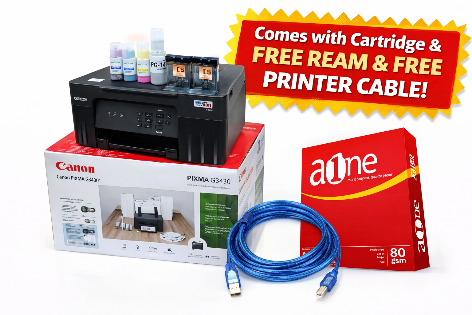 2026 EDITION Canon Pixma G3430 AIO Printer with MegaTank Refillable Ink System + FREE Ream + FREE Printer Cable | Canon G3430 All-in-One | Print,Copy and Scan WiFi Printer | Home Office Colour Printer