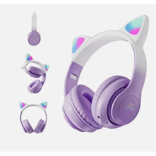 🎧 Cute STN 28 Wireless Bluetooth Headphones with Cute Cat Ears | RGB LED Light-Up Headset, Deep Bass, Built-In Mic, Foldable Design for Kids, Teens & Music Lovers