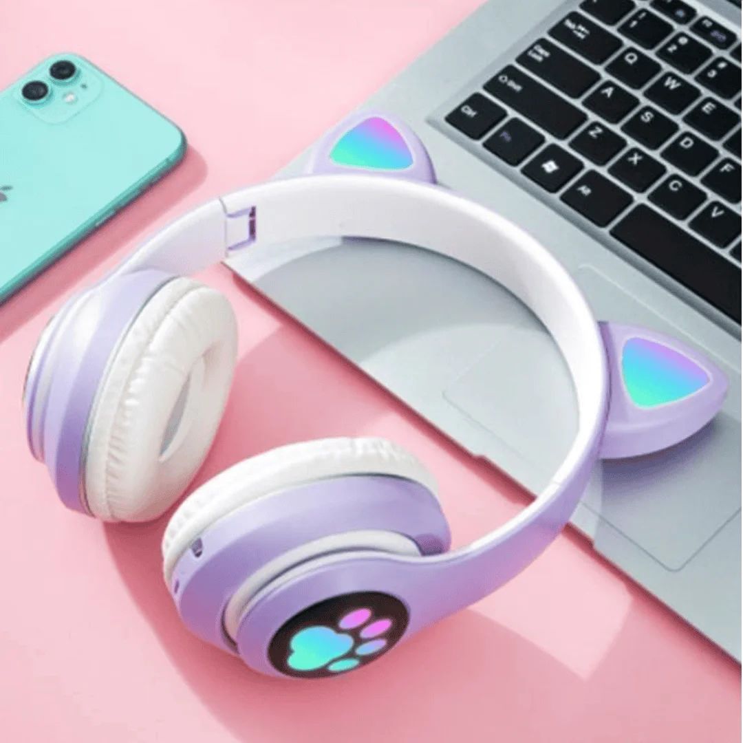 🎧 Cute STN 28 Wireless Bluetooth Headphones with Cute Cat Ears | RGB LED Light-Up Headset, Deep Bass, Built-In Mic, Foldable Design for Kids, Teens & Music Lovers
