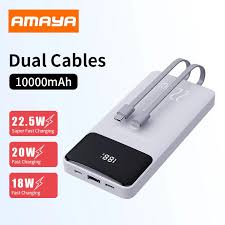 Amaya 10000mAh Super Fast Charging Power Bank | 22.5W Fast Output | Built-In Type-C & Lightning Cables | Slim Li-Ion Portable Charger