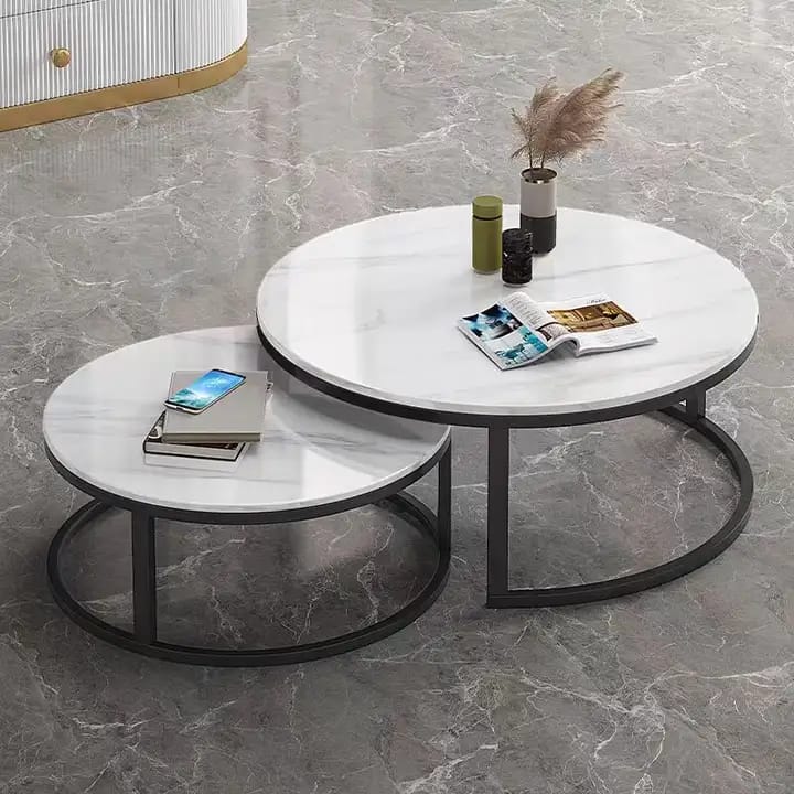✨LUXURY PURE MARBLE TOP Nesting Coffee Tables 🪞🪑 2Pcs Modern Living Room Set with Heavy-Duty BLACK Steel Stand – Premium Quality & Space-Saving Design