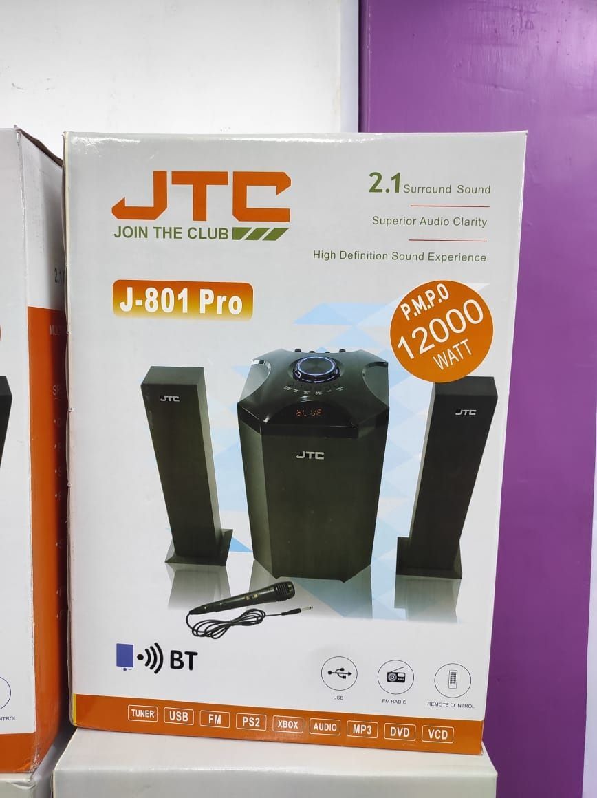 🔊 JTC J-801 Pro 2.1CH Powerful Bluetooth Subwoofer System 🎶12000W PMPO, FM Radio, USB, Remote, Mic – Ultimate Home Audio with Deep Bass & Stylish Design