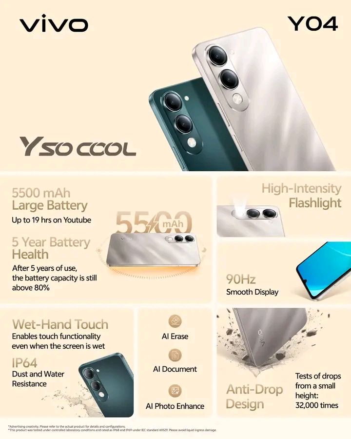 Vivo Y04 6.74" 64GB ROM+ 4GB RAM (Up to 8GB RAM) 5500mAh (Dual Sim) SMART WATCH Mobile Phones > Smart Phones