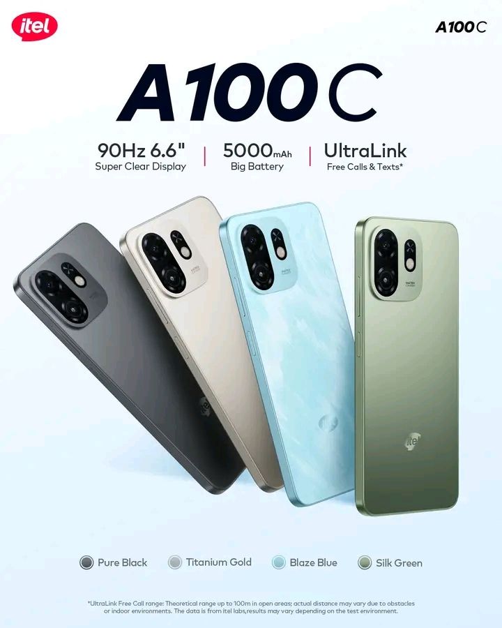 Itel A100C 64GB+2(2+4) GB RAM 6.6" Super clear Display 90HZ Dual SIM 4G/3G/2G Network 8MP Camera Drop worry free Fingerprint (side mounted) Unlock 5000 Mah Big Battery Android 15 Smart Phones