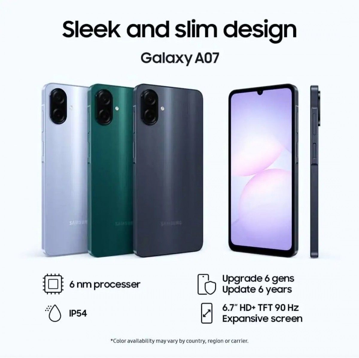 Samsung Galaxy A07 128GB+4GB 6.7" Dual SIM PLS LCD 90Hz Display 50MP Rear & 8MP Selfie Camera Fingerprint Unlock 5000mAh Battery 25W Charging IP54 Rated Android Smartphone