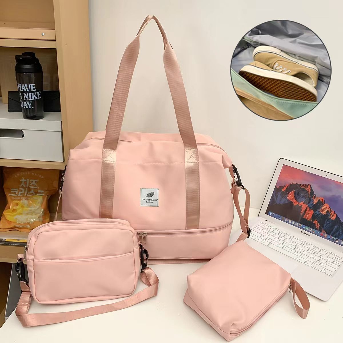 3-Piece Women’s Nylon Duffel Bag Set – Waterproof, Shoe Compartment, Dry/Wet Separation, Travel & Daily Use