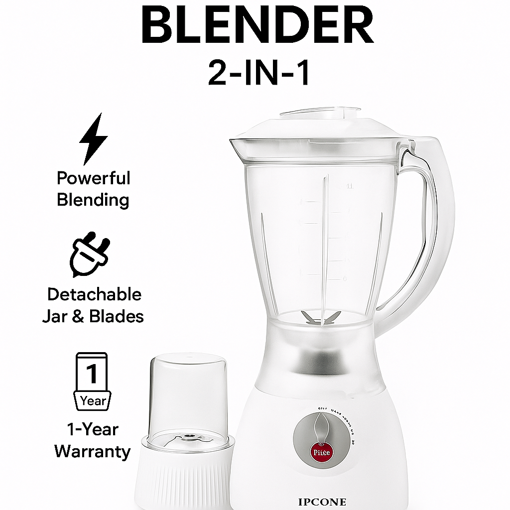 IPCone 2-in-1 Blender HT-JD-004 – 1.5L Capacity, Grinder & Blender Combo, Powerful Motor, Detachable Blades, 1-Year Warranty