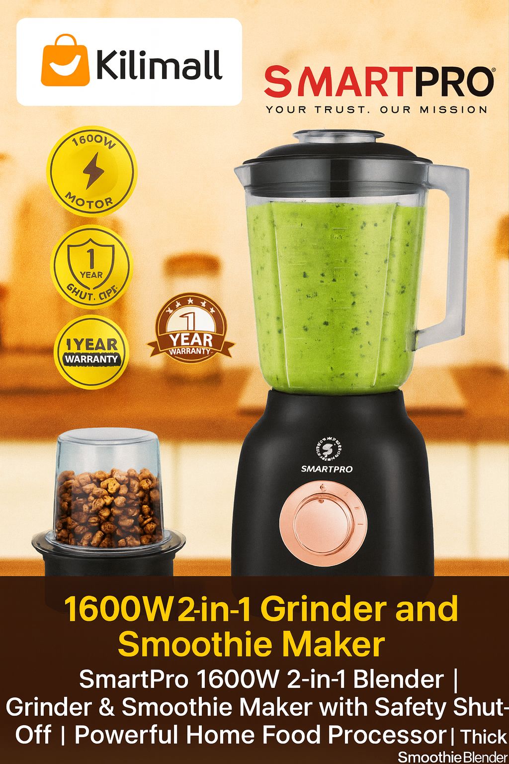 SmartPro 2-in-1 Blender & Grinder SBL-853B | 1000W Powerful Motor | Heavy-Duty Jar | Stainless Steel Blades | Smoothie Maker, Spice Grinder & Home Food Processor | 1-Year Warranty