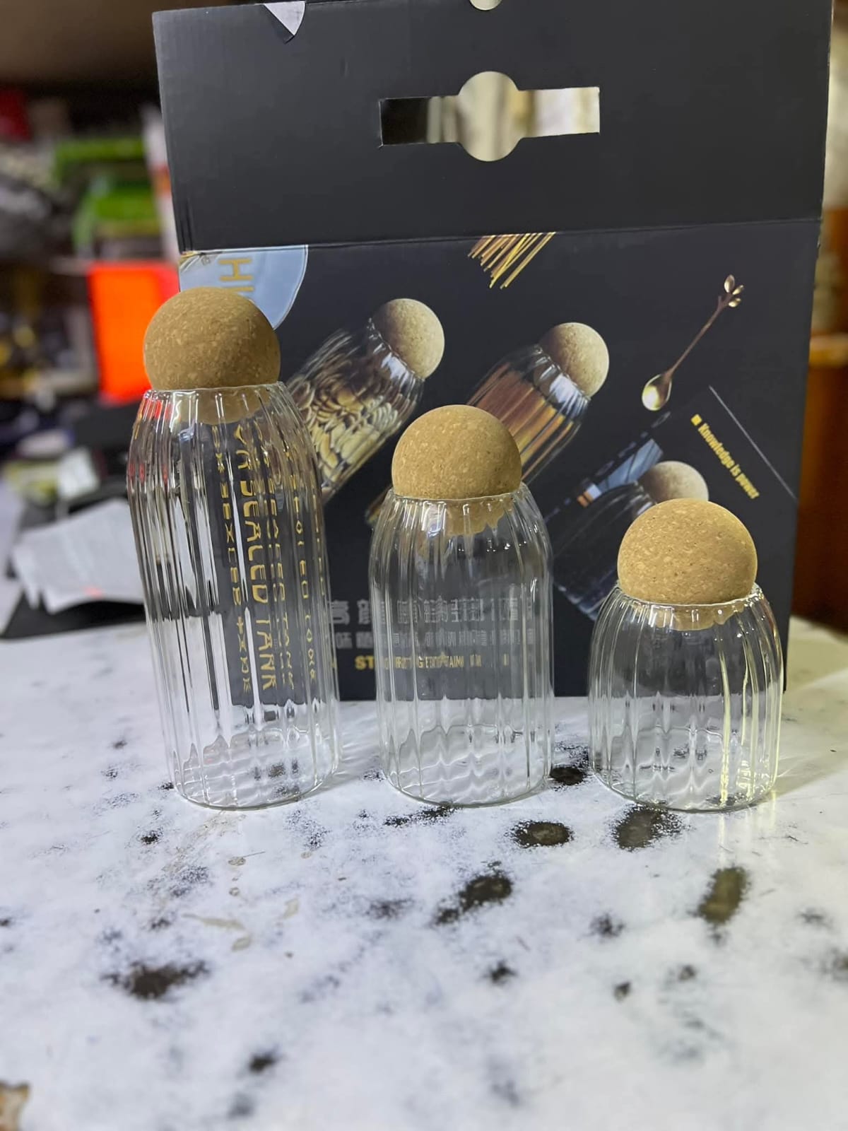 3 Pcs Glass Spaghetti Holder Set – Airtight Ribbed Glass Storage Jars with Natural Cork Lids for Pasta, Spaghetti, Grains, Cereals, Coffee & Kitchen Organization | Elegant Food Storage Containers