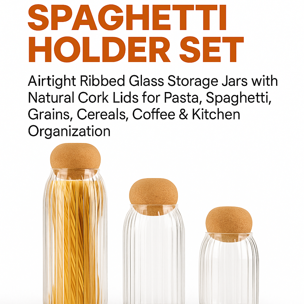 3 Pcs Glass Spaghetti Holder Set – Airtight Ribbed Glass Storage Jars with Natural Cork Lids for Pasta, Spaghetti, Grains, Cereals, Coffee & Kitchen Organization | Elegant Food Storage Containers
