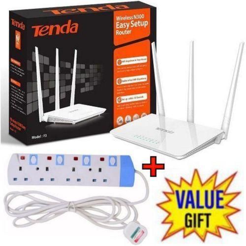 tenda F3 N300 300Mbps Wireless WiFi Router + 4Way Power ExtensionBEST Tenda F3 N300 300Mbps Wireless WiFi Router + FREE GIFT 4 Way Power Extension Cable Sockets With Safety Switches