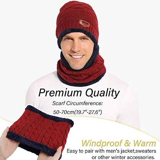 Mens Womens Winter Beanie Hat Scarf Set Warm Knit Hat Thick Fleece Lined Winter Cap Neck Warmer for  Both Men and Women