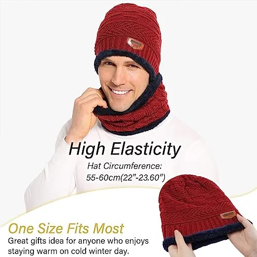 Mens Womens Winter Beanie Hat Scarf Set Warm Knit Hat Thick Fleece Lined Winter Cap Neck Warmer for  Both Men and Women