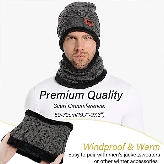 Mens Womens Winter Beanie Hat Scarf Set Warm Knit Hat Thick Fleece Lined Winter Cap Neck Warmer for  Both Men and Women