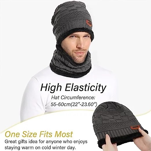 Mens Womens Winter Beanie Hat Scarf Set Warm Knit Hat Thick Fleece Lined Winter Cap Neck Warmer for  Both Men and Women