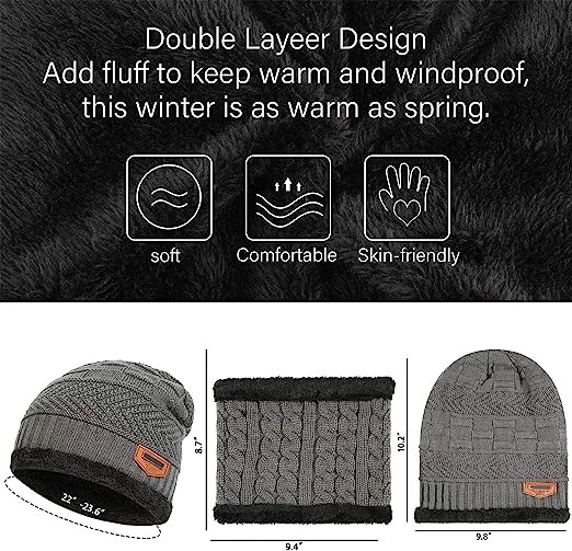 Mens Womens Winter Beanie Hat Scarf Set Warm Knit Hat Thick Fleece Lined Winter Cap Neck Warmer for  Both Men and Women