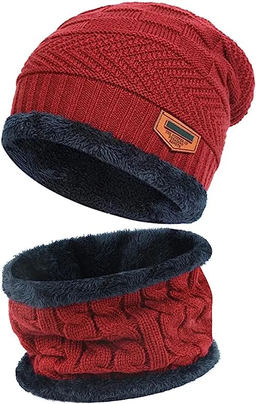 Mens Womens Winter Beanie Hat Scarf Set Warm Knit Hat Thick Fleece Lined Winter Cap Neck Warmer for  Both Men and Women