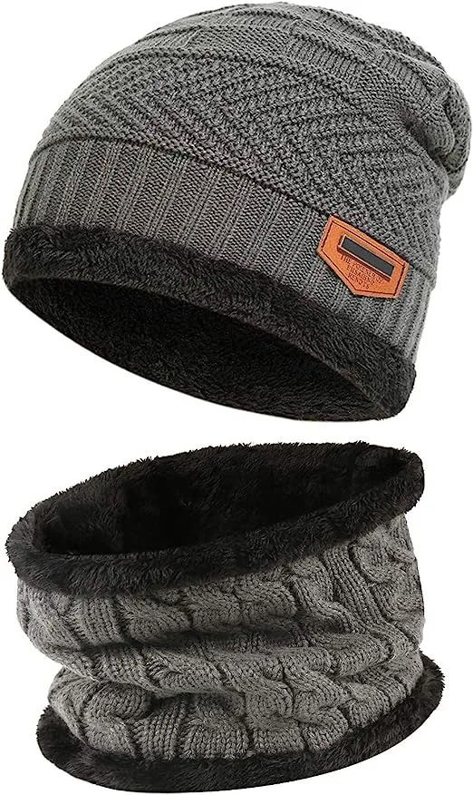 Mens Womens Winter Beanie Hat Scarf Set Warm Knit Hat Thick Fleece Lined Winter Cap Neck Warmer for  Both Men and Women