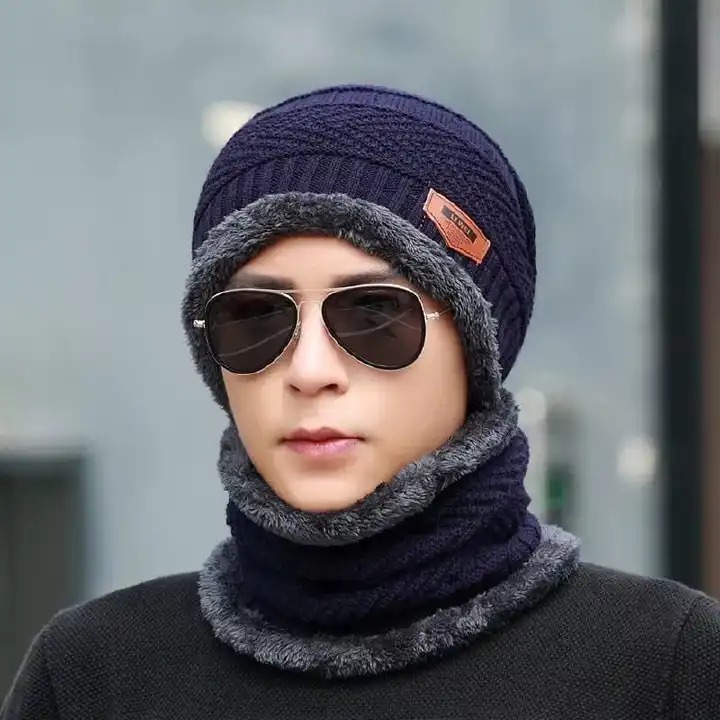 Mens Womens Winter Beanie Hat Scarf Set Warm Knit Hat Thick Fleece Lined Winter Cap Neck Warmer for  Both Men and Women