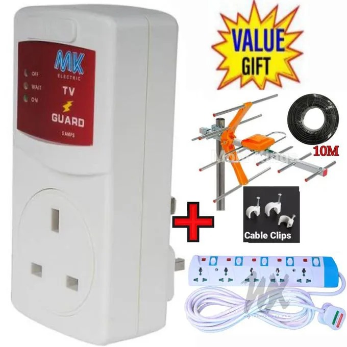MK Durable Electronic TV Guard Surge Protector For Digital Smart Android Frameless TV + 5 WAY POWER EXTENSION + DIGITAL TV AERIAL