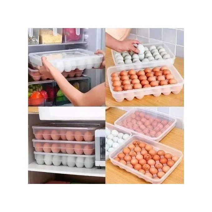 34-Egg Storage Container with Lid – Stackable Fridge Organizer. Keep your eggs fresh, safe, and organized! This large-capacity egg tray with a secure lid is designed to store up to 34 eggs neatly