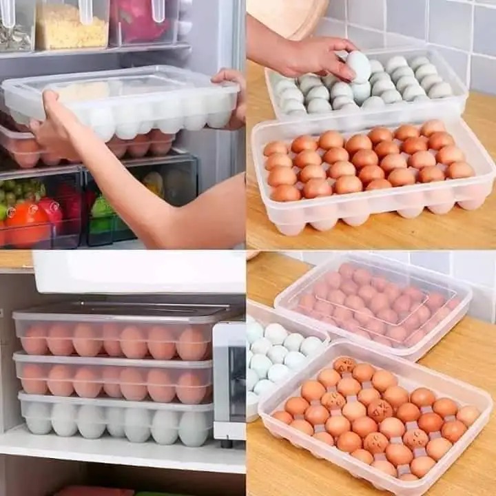 34-Egg Storage Container with Lid – Stackable Fridge Organizer. Keep your eggs fresh, safe, and organized! This large-capacity egg tray with a secure lid is designed to store up to 34 eggs neatly
