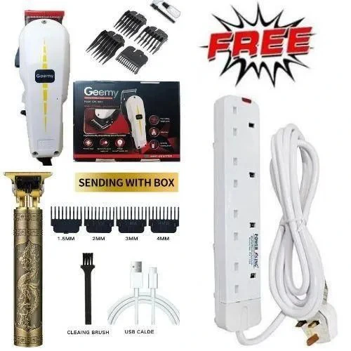 Geemy Electric Hair Clipper Barbering Machine - Kinyozi / Electric Hair Trimmer Barbering Machine + T9 Dragon Rechargeable Metal Hair Clipper Wireless Clear Cut Trimmer + 4 Way Power Extension cable