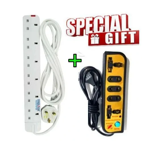 Power King Extension Cable With 6 AC Power Outlets, 13A, And 2 M Long Cable + Free GIFT 5 Way Extension