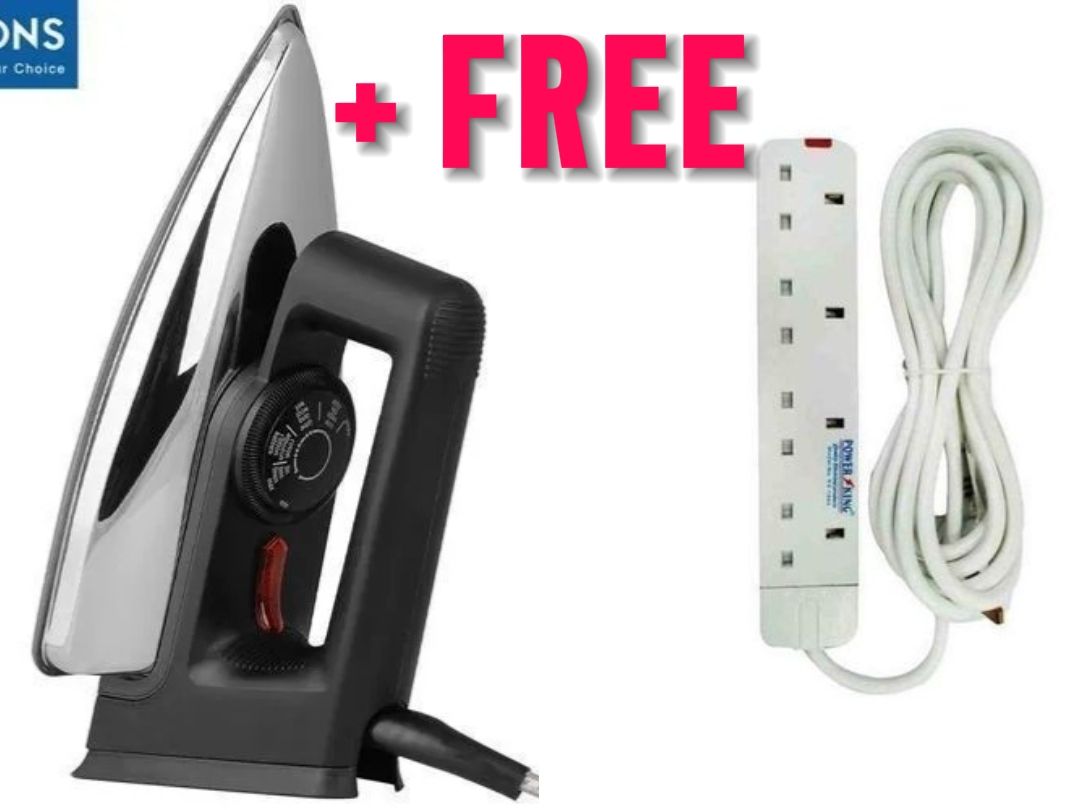 AILYONS Electric Dry Iron Box - Non-Stick Aluminum Sole Plate, Temperature Control + 4 WAY POWER EXTENSION CABLE