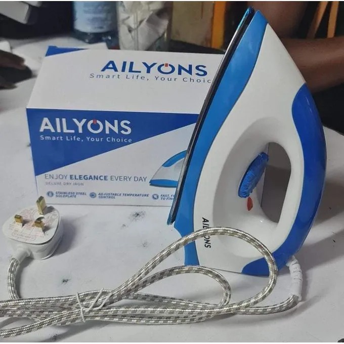 BEST SELLING AILYONS HIGH Quality HD-198A Electric Dry Iron Box // Ironbox - White & Blue + FREE 4 WAY POWER EXTENSION WITH CABLE SOCKET
