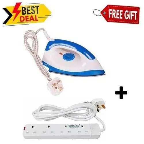 BEST SELLING AILYONS HIGH Quality HD-198A Electric Dry Iron Box // Ironbox - White & Blue + FREE 4 WAY POWER EXTENSION WITH CABLE SOCKET