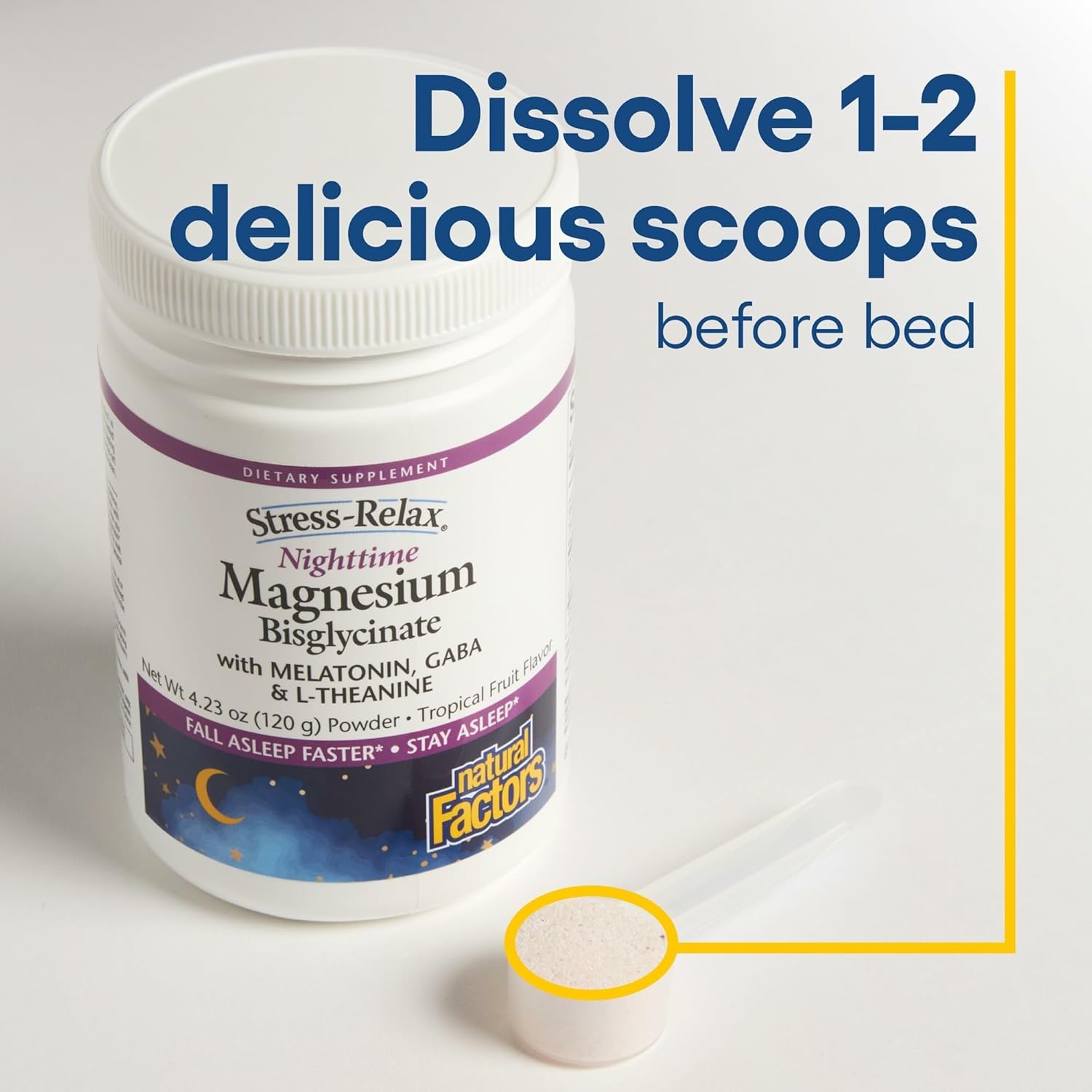 Natural Factors Stress-Relax Nighttime Magnesium Bisglycinate - Supports Sleep & Relaxation* - with Melatonin, L-Theanine & GABA - Tropical Flavor - 120g