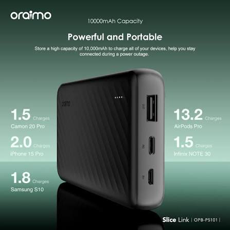 Oraimo Portable Power Banks 10000mAh to 40000mAh High Capacity Fast Charging External Battery Packs for Phones Tablets with/without Cables