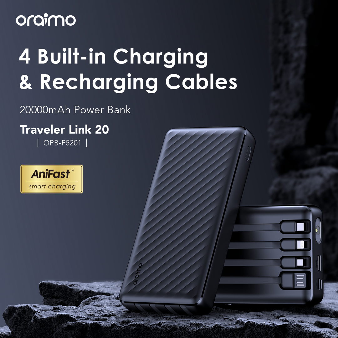 Oraimo Portable Power Banks 10000mAh to 40000mAh High Capacity Fast Charging External Battery Packs for Phones Tablets with/without Cables