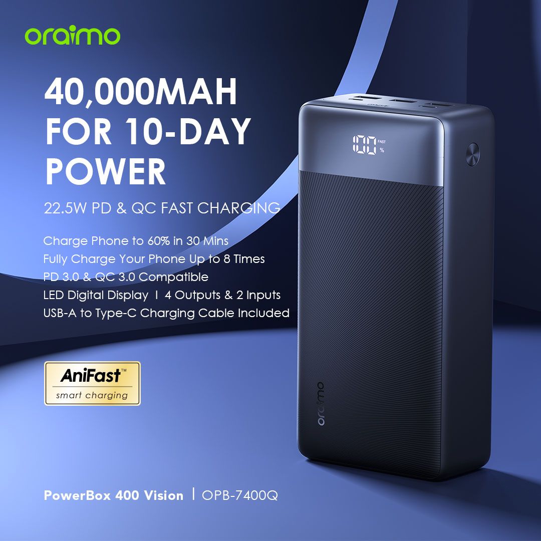 Oraimo Portable Power Banks 10000mAh to 40000mAh High Capacity Fast Charging External Battery Packs for Phones Tablets with/without Cables