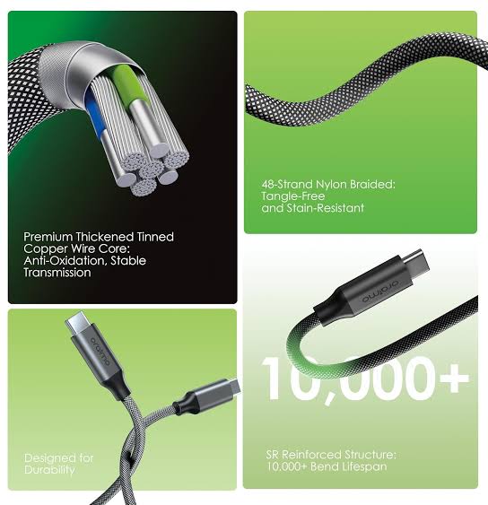 Oraimo USB-C to USB-C Fast Charging Cable with Durable Design for Smartphones, Tablets, and Laptops