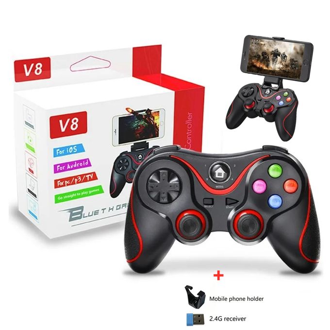 V8 Bluetooth Wireless Game Pad Controller with USB Charging, Phone Holder & Multi‑Platform Support