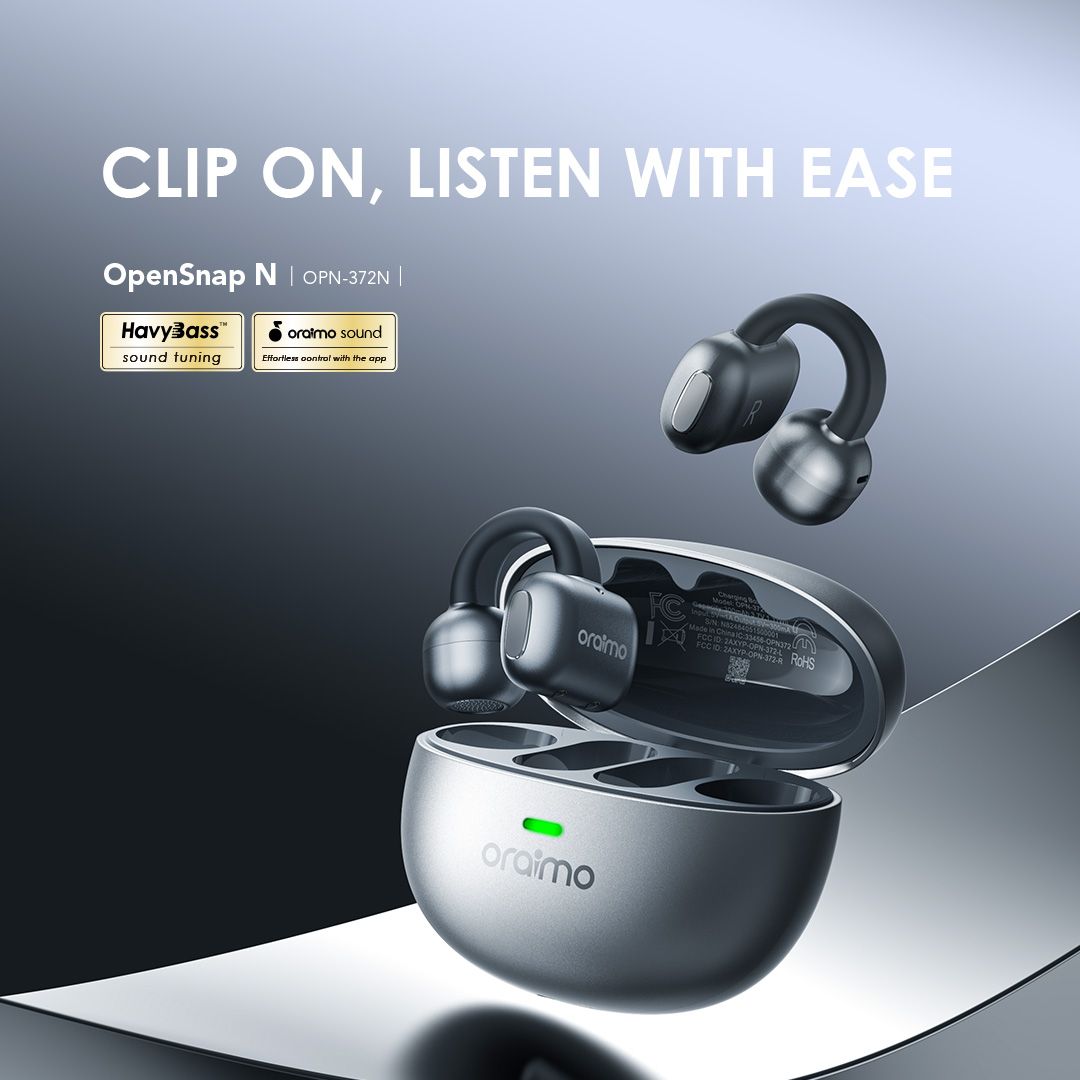 Oraimo Open Snap N Buds Clip-On Wireless Earbuds – Bluetooth Headset, Open-Ear Design, Touch Control, Compact Charging Case