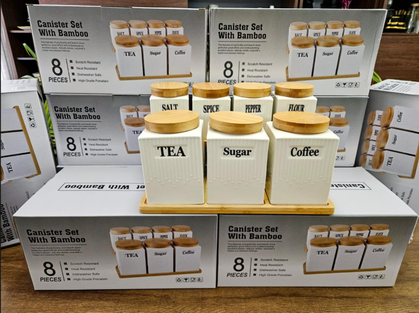 8PCS Ceramic Kitchen Canister Set with Bamboo Lids & Wooden Tray – Coffee, Tea, Sugar & Spice Storage JarsComes with a bamboo stand