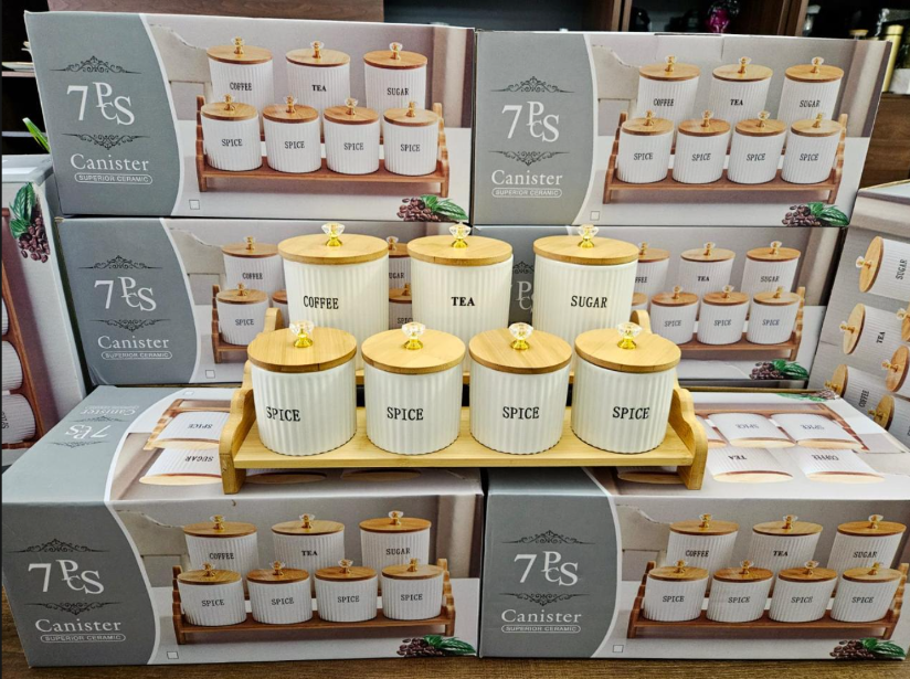 8PCS Ceramic Kitchen Canister Set with Bamboo Lids & Wooden Tray – Coffee, Tea, Sugar & Spice Storage JarsComes with a bamboo stand