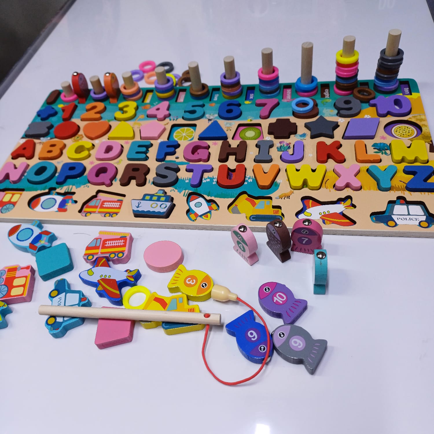 7-in-1 Montessori Wooden Learning Board – Alphabet, Numbers, Shapes & Magnetic Fishing Game