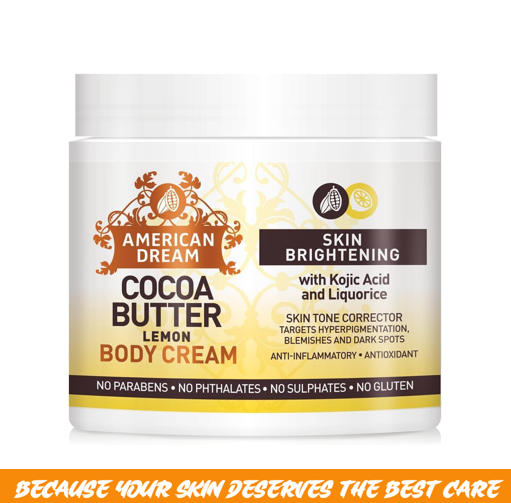 American Dream Cocoa Butter Lemon Body Cream – Skin Brightening & Fade Dark Spots with Kojic Acid & Licorice