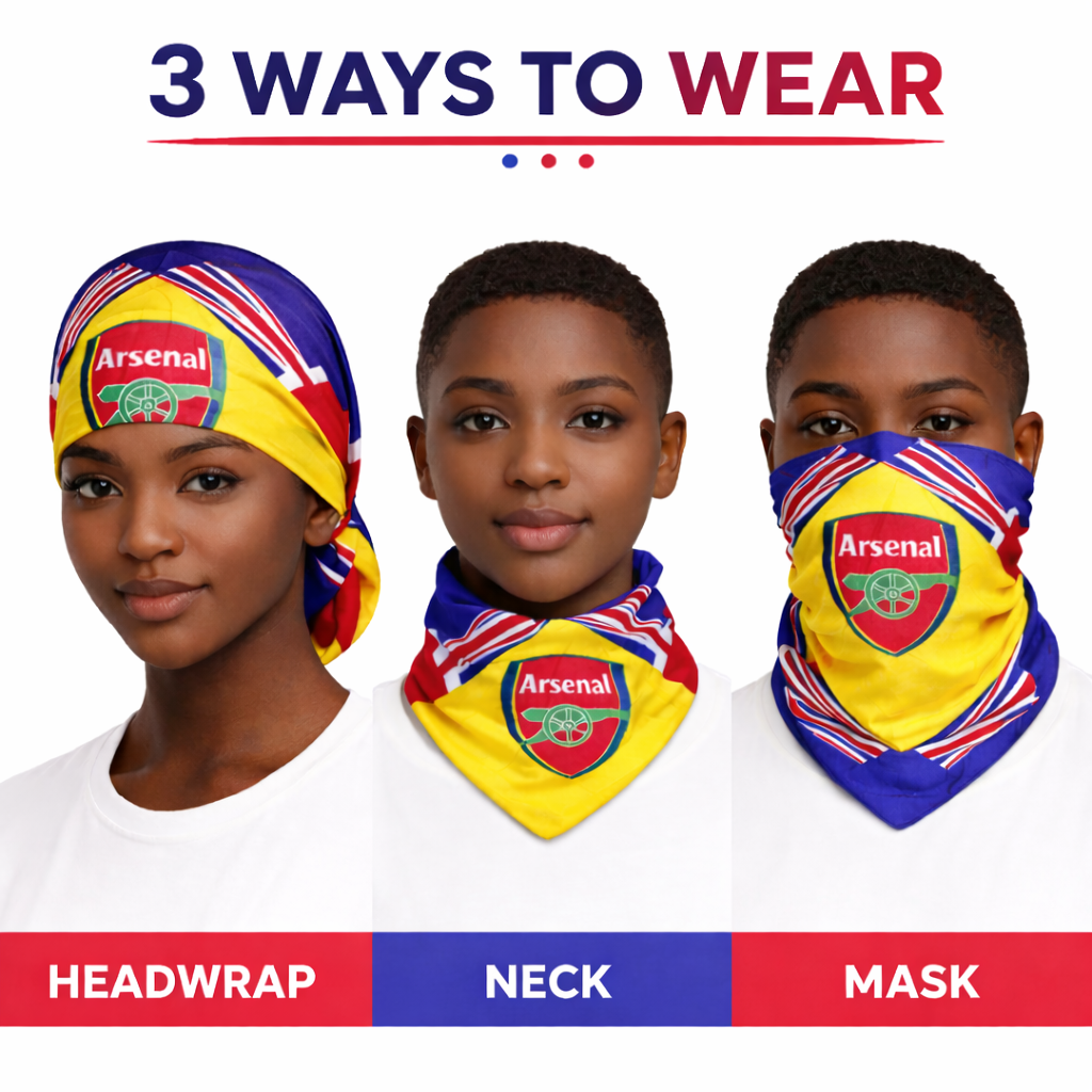 Unisex Arsenal Printed Bandana Headscarf for Men & Women Multi-Use Hair Cover, Face Mask & Neck Wrap Soft Breathable Fabric, Stylish Sports Design