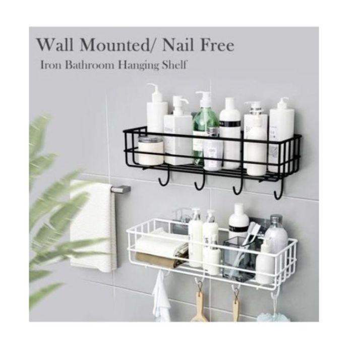 Wall Mounted Bathroom Organizer with Hooks Multi Purpose Storage Shelf Shower Caddy Towel Hanger Space Saving Bathroom Rack for Toiletries and Accessories