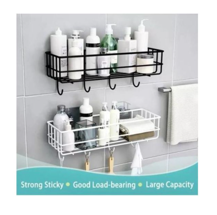 Wall Mounted Bathroom Organizer with Hooks Multi Purpose Storage Shelf Shower Caddy Towel Hanger Space Saving Bathroom Rack for Toiletries and Accessories
