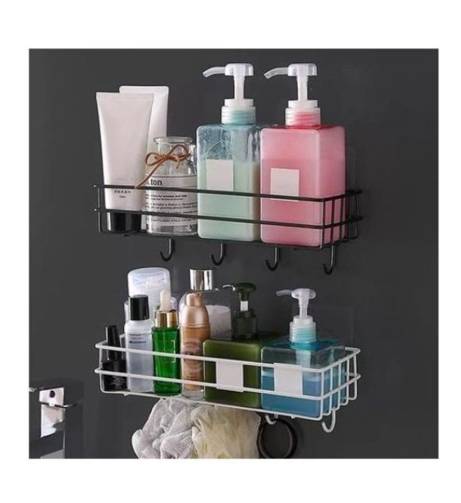 Wall Mounted Bathroom Organizer with Hooks Multi Purpose Storage Shelf Shower Caddy Towel Hanger Space Saving Bathroom Rack for Toiletries and Accessories