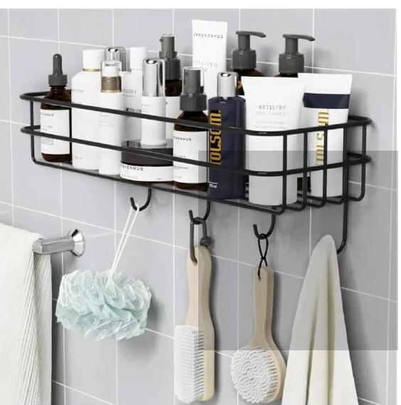 Wall Mounted Bathroom Organizer with Hooks Multi Purpose Storage Shelf Shower Caddy Towel Hanger Space Saving Bathroom Rack for Toiletries and Accessories
