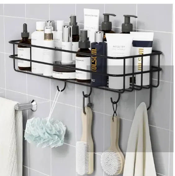 Wall Mounted Bathroom Organizer with Hooks Multi Purpose Storage Shelf Shower Caddy Towel Hanger Space Saving Bathroom Rack for Toiletries and Accessories